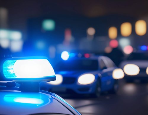 A police car with blue lights on the road at night in Titusville.